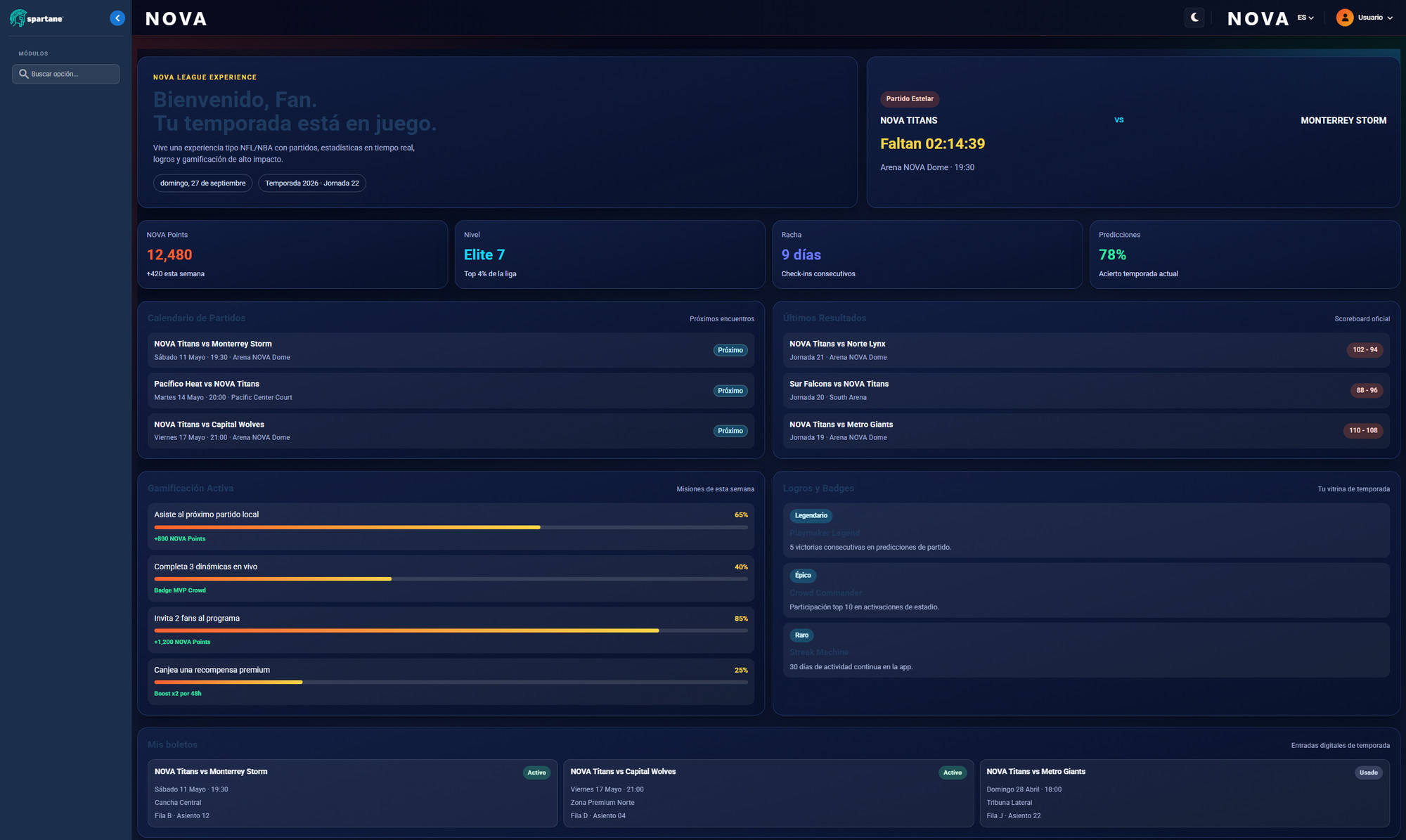 Portal de usuario final en tema oscuro, con cuatro indicadores, calendario, marcador, misiones y boletos