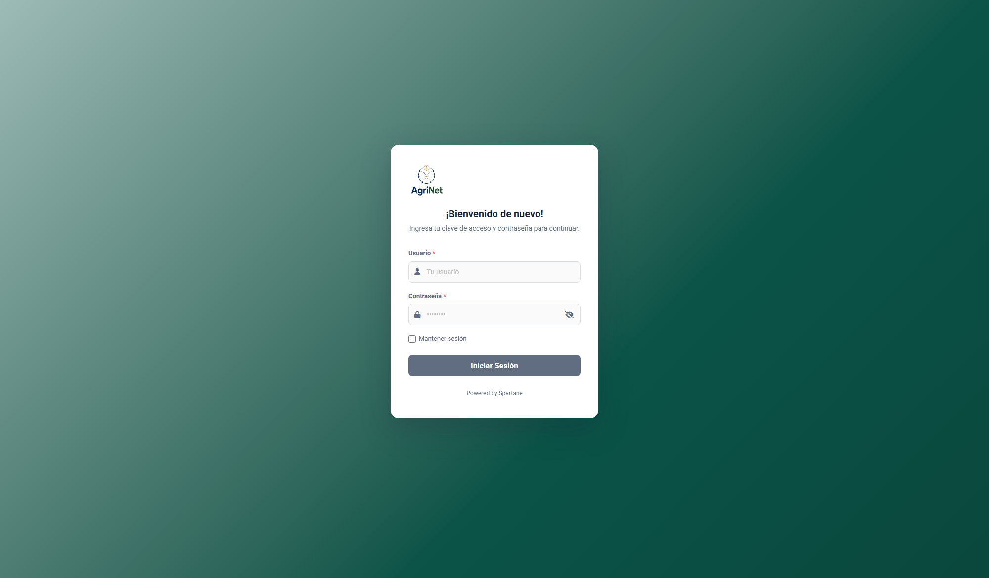 Pantalla de acceso de AgriNet, con el logotipo del producto y la leyenda «Powered by Spartane»