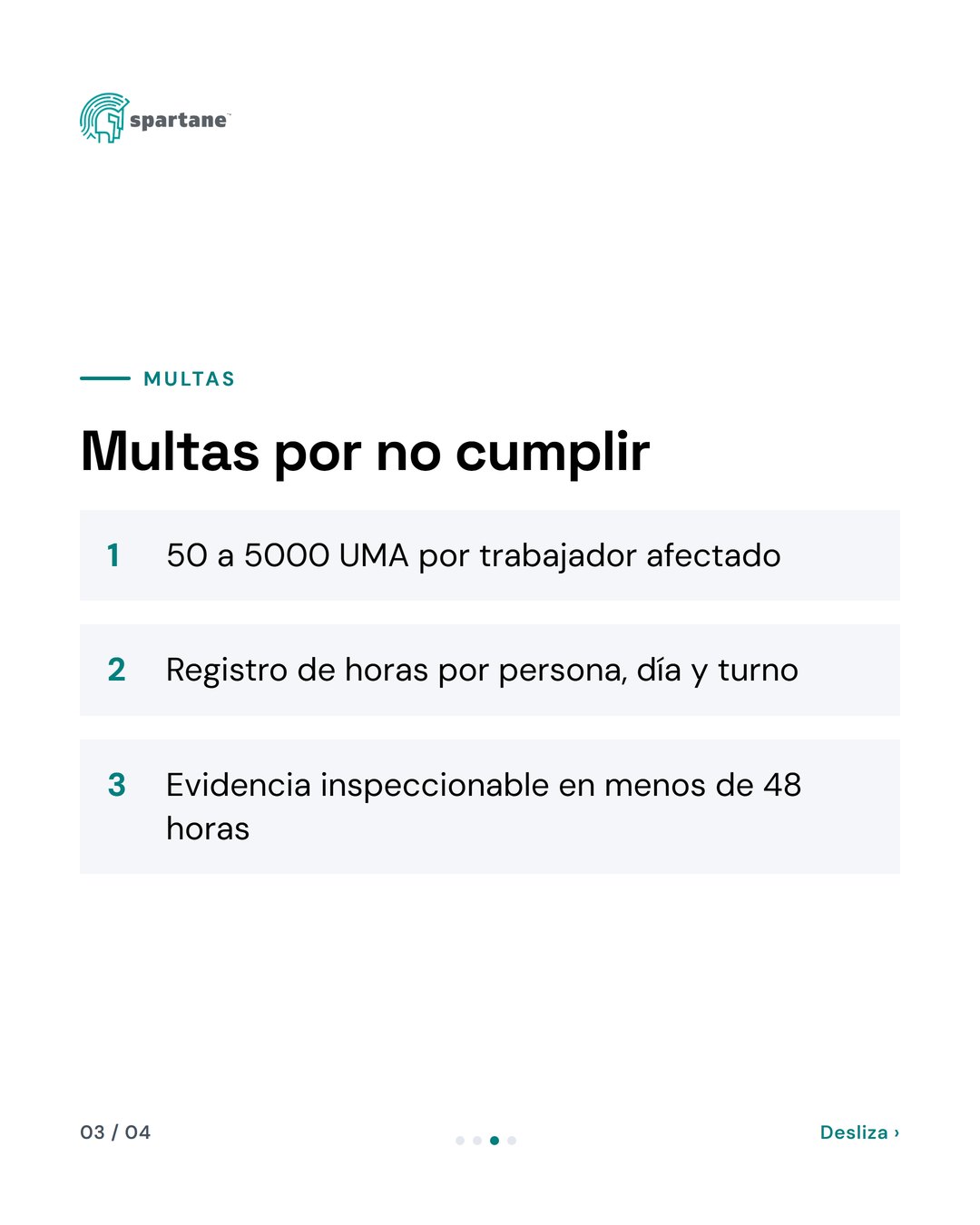 Lista de tres puntos con iconos de multa, reloj y documento, fondo blanco con texto gris oscuro.
